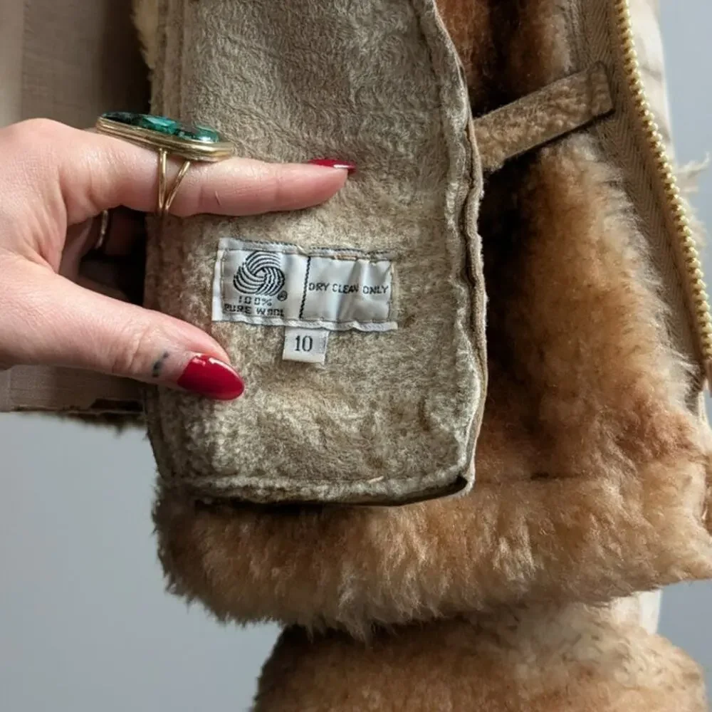 Vintage Tan Suede Shearling Coat Brown Wool Jacket Boho Chic Fur Coat Hood XS - Picture 3 of 12